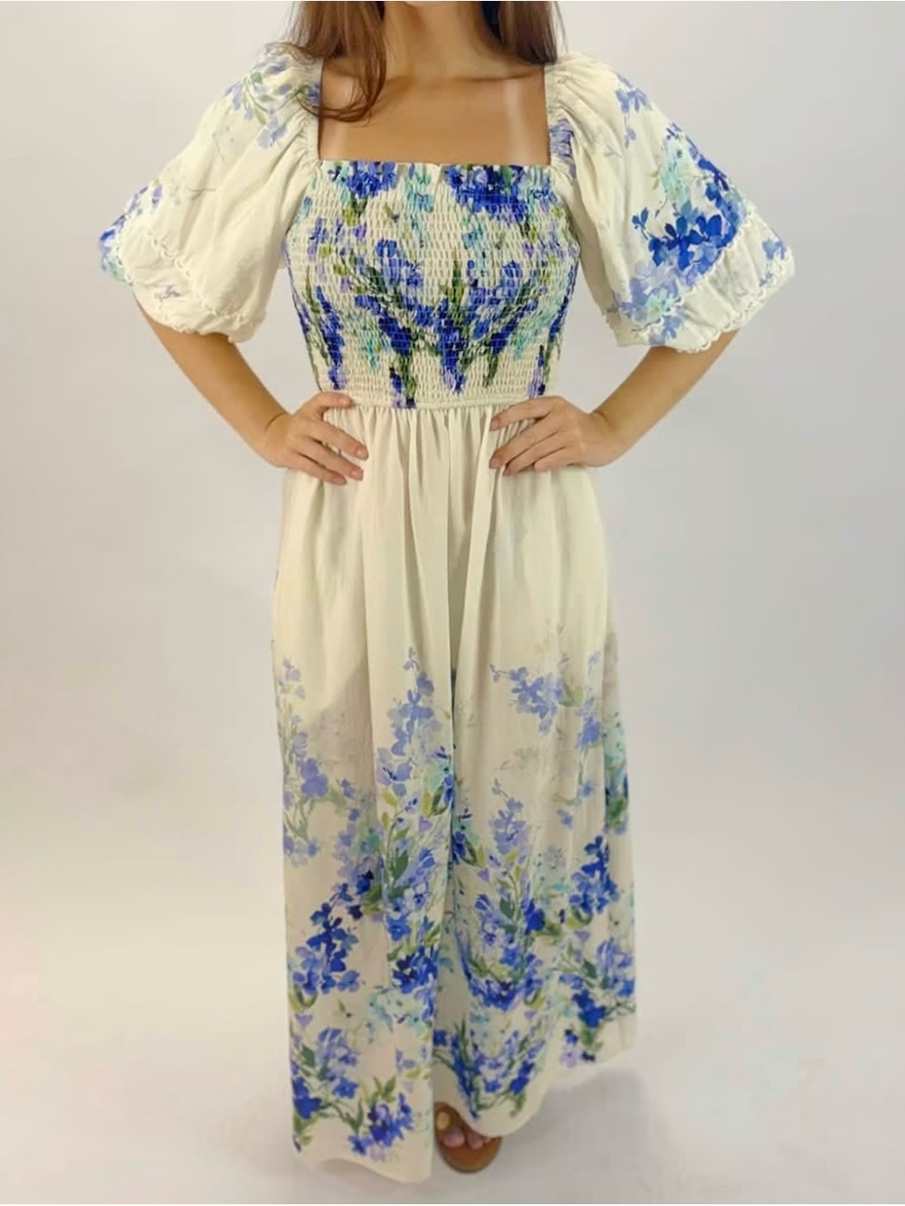 Cream Maxi Dress with Blue Floral Smocked Bodice